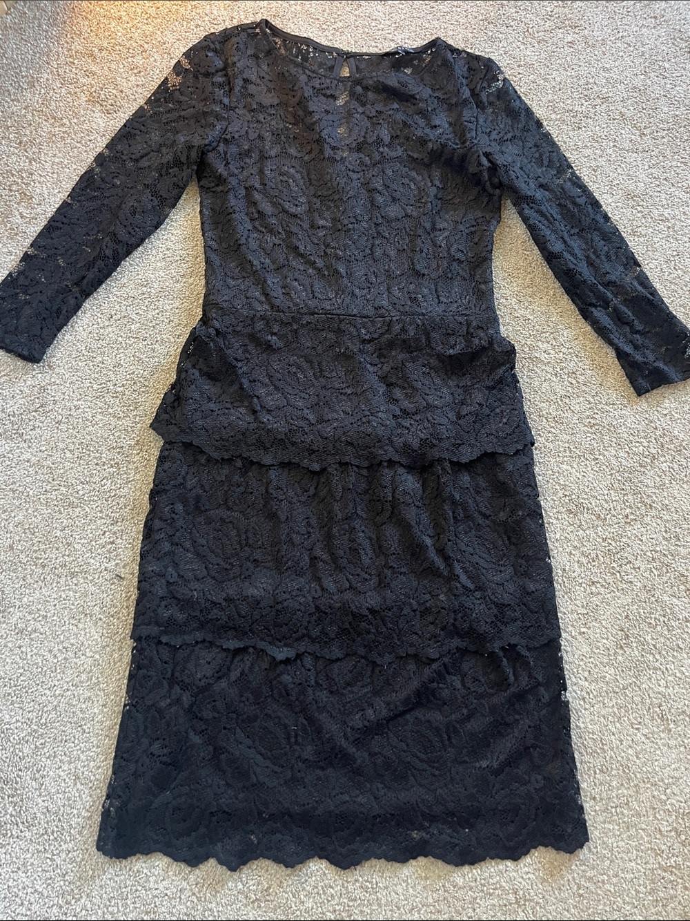 MARINA Tiered Black Lace Key Hole Illusion Yoke Dress See Measurements